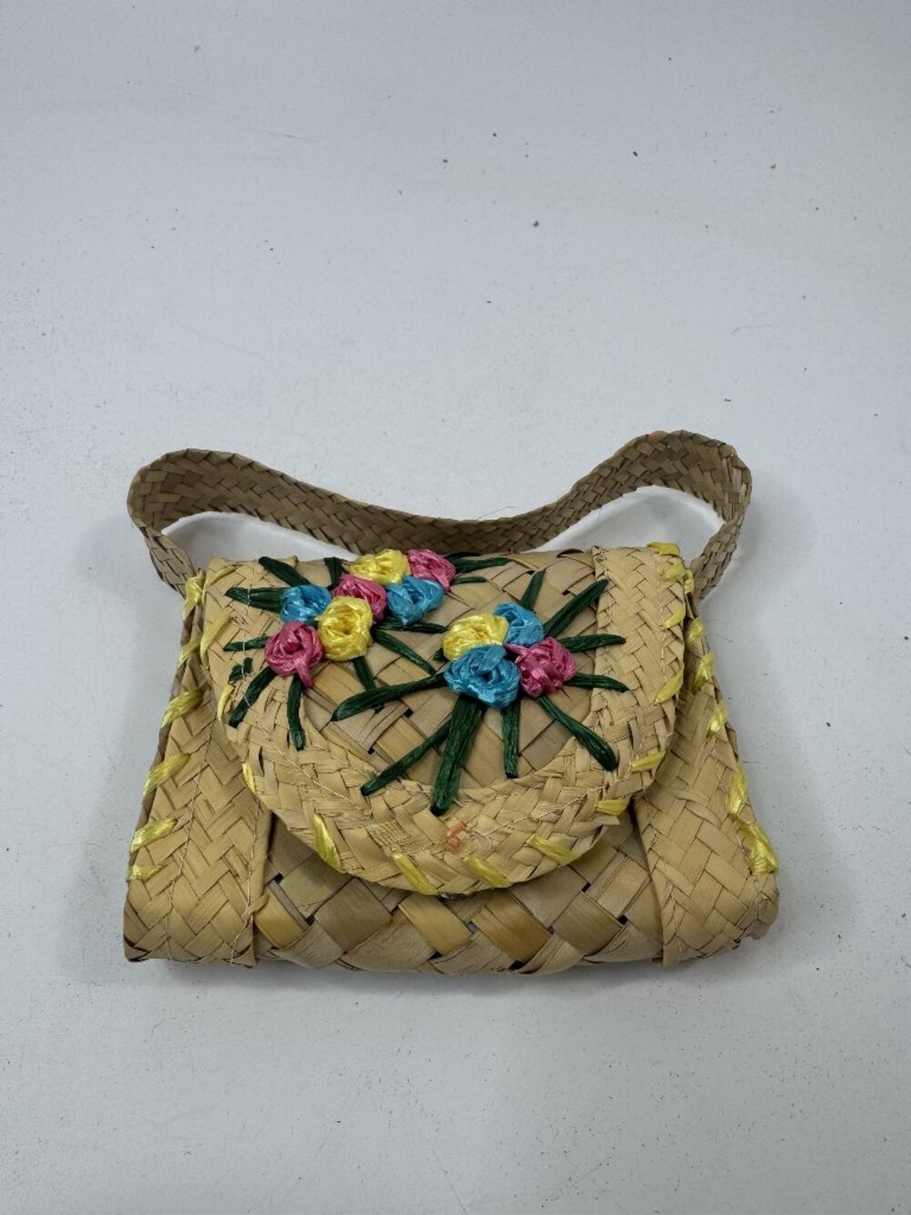 Handwoven Straw Purse With Colorful Floral Embroidery Snap Closure & Shoulder St